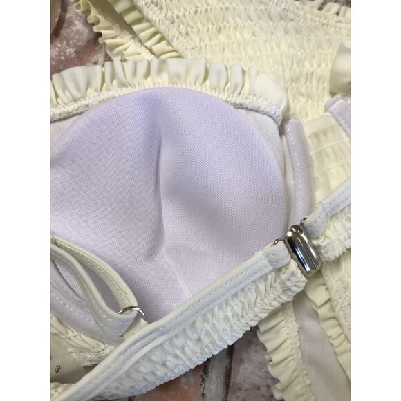 Triangle Bikini Smocked Textured Ruched Elastic Swimsuit Two Piece Beige Small - Picture 5 of 6